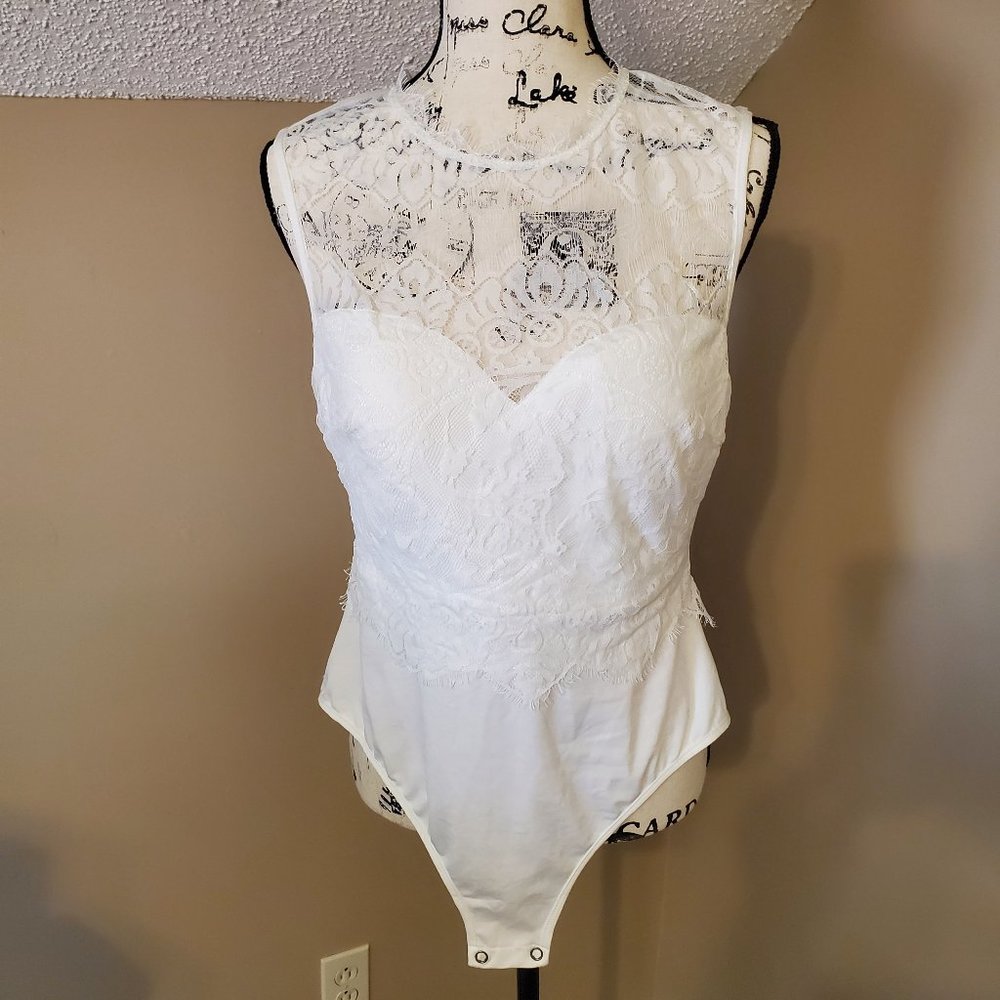 Unbranded Bodysuit with Lace Detail, White, XL
